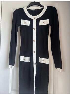 Classy Black Ribbed Knit Cardigan Dress with White Trim